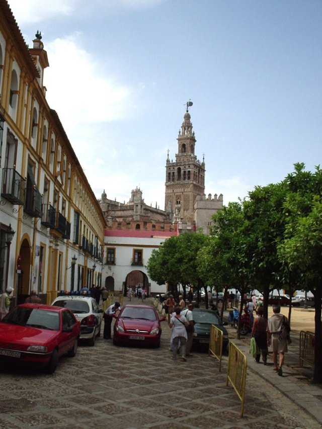 P5200255 Gezicht op Giralda vanaf  Reales Alcazares de Sevilla - Sevilla